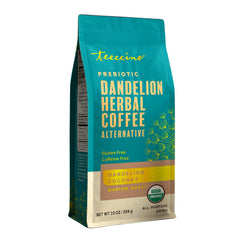 Teeccino paquete frontal mostrando la marca y beneficio sin cafeína