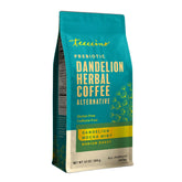 Teeccino frente del empaque mostrando mezcla y beneficio sin cafeína