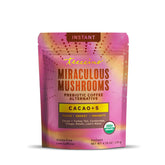 Teeccino frente del envase mostrando la mezcla cacao y hongos, práctico