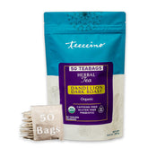 Teeccino envase frontal mostrando etiqueta dark roast y beneficios