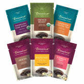 Teeccino frente del paquete sampler mostrando seis sobres y variedad