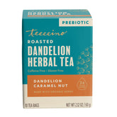 Teeccino envase frontal de Dandelion Caramel Nut mostrando diseño y beneficios