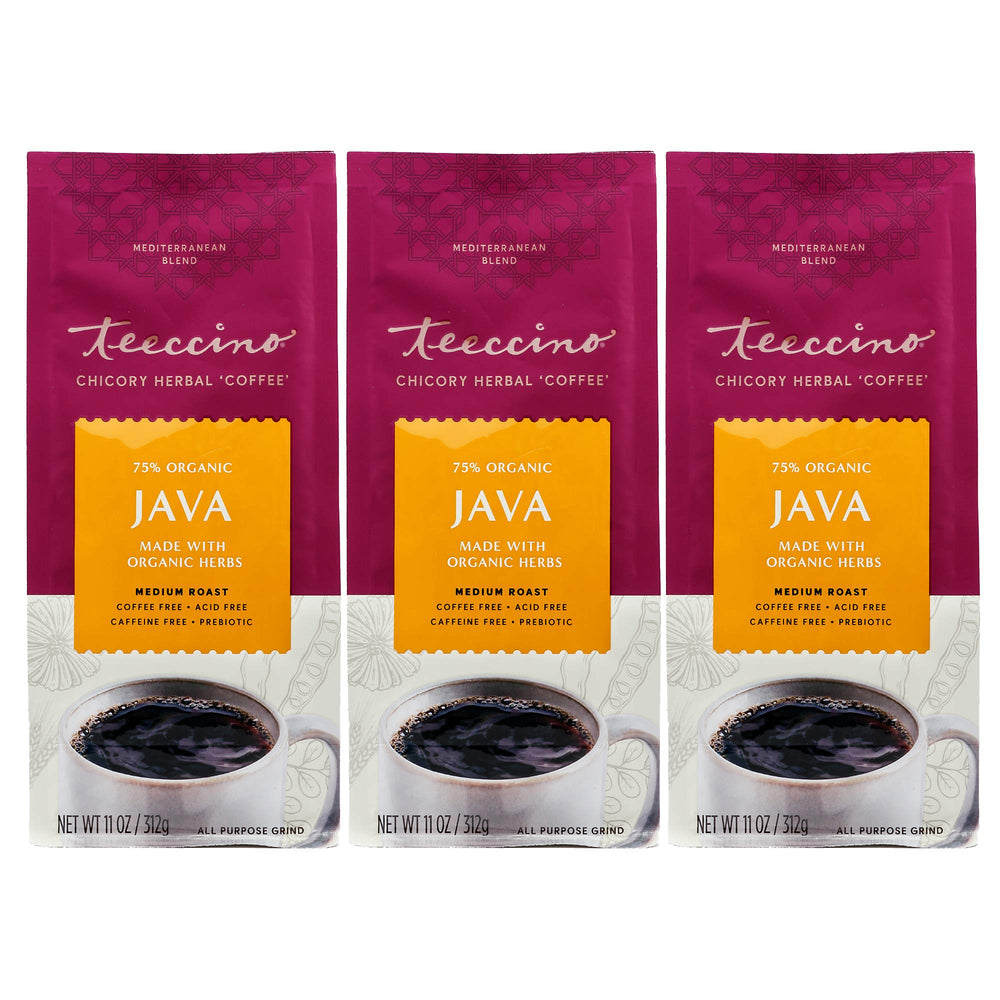 Teeccino paquete frente mostrando etiqueta y beneficio sin cafeína
