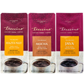 Teeccino pack frontal mostrando Avellana Mocha y Java, elección sin cafeína