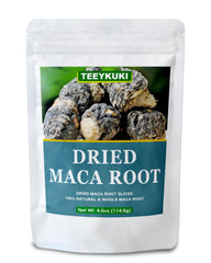 TEEYKUKI presentación frontal del paquete con rodajas de maca negra, práctico sellado
