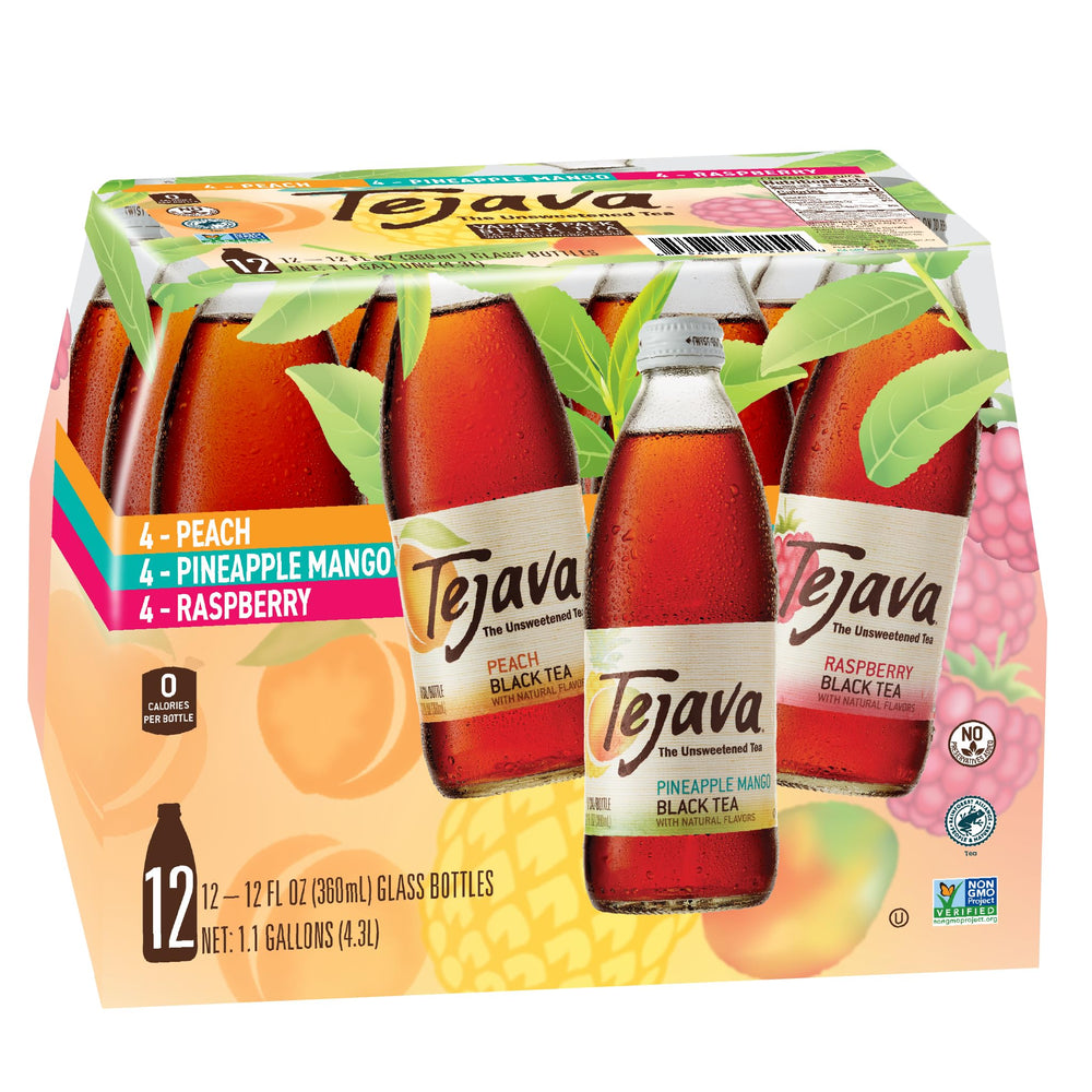 Tejava pack frontal de 12 botellas de vidrio mostrando variedad y conveniencia