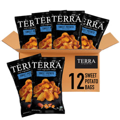 Terra paquete frontal mostrando batata y sal, atractivo y premium