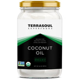 Terrasoul Superfoods frasco frontal de aceite de coco refinado en vidrio, presentación clara y limpia