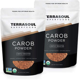Terrasoul Superfoods envase frontal mostrando el polvo de algarroba y beneficios