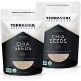 Terrasoul Superfoods paquete frontal de semillas de chía blanca mostrando presentación y beneficios