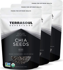 Terrasoul Superfoods paquete frontal de semillas de chía negras orgánicas muestra cantidad y marca
