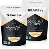 Terrasoul Superfoods paquete frontal de chips de coco tostado, presentación grande