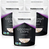 Terrasoul Superfoods empaque frontal con chips de coco, beneficio: presentación clara