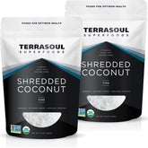 Terrasoul Superfoods empaque frontal mostrando el coco rallado y beneficios orgánicos