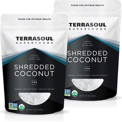 Terrasoul Superfoods empaque frontal mostrando el coco rallado y beneficios orgánicos