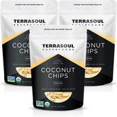 Terrasoul pack frontal de chips de coco orgánico mostrando diseño y paquete