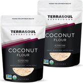 Terrasoul harina de coco vista frontal, empaque resellable y ventaja de conservación