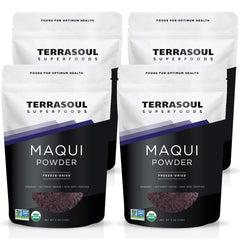 Terrasoul Superfoods paquete frontal mostrando el polvo de maqui y beneficios visuales