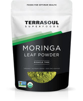 Terrasoul Superfoods empaque frontal moringa orgánica mostrando la etiqueta y beneficios