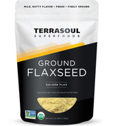 Terrasoul Superfoods paquete frontal de harina de lino dorado 2.5 lb mostrando cierre resellable y etiqueta orgánica