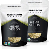 Terrasoul Superfoods paquete frontal de semillas de cáñamo mostrando peso y presentación