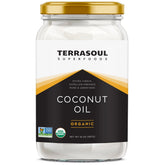 Terrasoul Superfoods frasco frontal de aceite de coco orgánico, presentación clara y segura