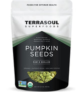 Terrasoul Superfoods bolsa frente mostrando pepitas crudas y sin sal, conservación práctica