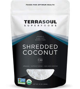 Terrasoul Superfoods frente del envase de coco rallado, práctico y orgánico