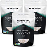Terrasoul Superfoods empaquetado frontal mostrando las tres bolsas y beneficios