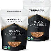 Terrasoul Superfoods empaque frontal de linaza marrón mostrando tamaño y marca