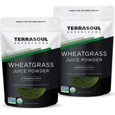 Terrasoul Superfoods envase frontal del polvo de wheat grass que muestra la marca y formato práctico