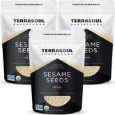 Terrasoul Superfoods empaque frontal de semillas de sésamo peladas, ideal para almacenamiento
