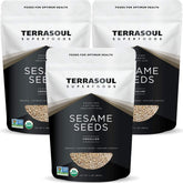 Terrasoul Superfoods paquete frontal de semillas de sésamo sin pelar mostrando etiqueta clara y cantidad