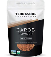 Terrasoul Superfoods polvo de algarroba frente del paquete, alternativa dulce y sin cafeína