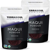 Terrasoul Superfoods paquete frontal de polvo de maqui mostrando color y sello orgánico