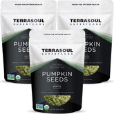 Terrasoul Superfoods frente del paquete de semillas de calabaza, envase grande útil
