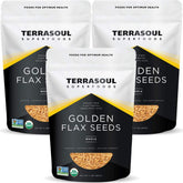 Terrasoul Superfoods bolsa frontal mostrando semillas de lino dorado y volumen