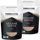 Terrasoul Superfoods paquete frontal mostrando semillas de sésamo orgánicas y beneficios