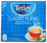 Tetley embalaje frontal mostrando el pack de 100 bolsitas y beneficio conveniencia