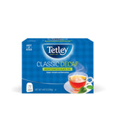 Tetley empaque frontal Classic Blend Decaf mostrando cantidad y marca, conveniencia inmediata