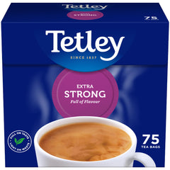 Tetley frontal caja mostrando 75 bolsitas y marca Tetley, presentación clara