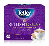 Tetley frente del empaque mostrando la mezcla British Blend Decaf y conveniencia
