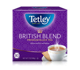 Tetley vista frontal del paquete de 80 bolsitas mostrando marca y cantidad, conveniencia