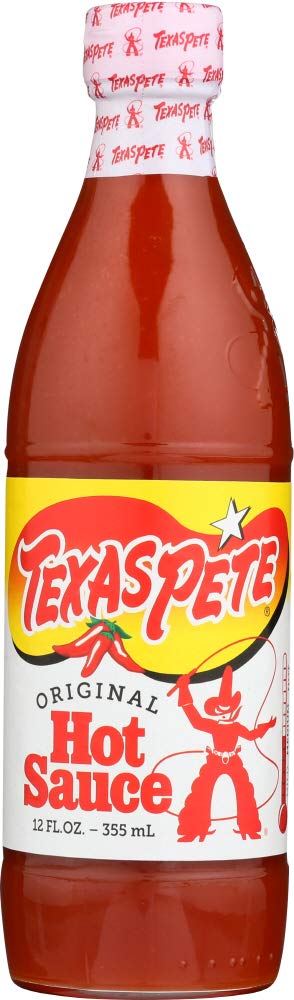Texas Pete botella frontal paquete de tres mostrando etiqueta original y tamaño práctico