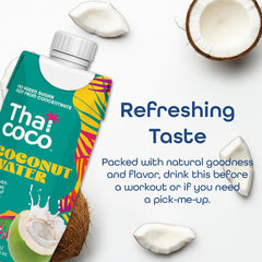 Thai Coco cartón abierto servido en vaso, hidratación lista al instante