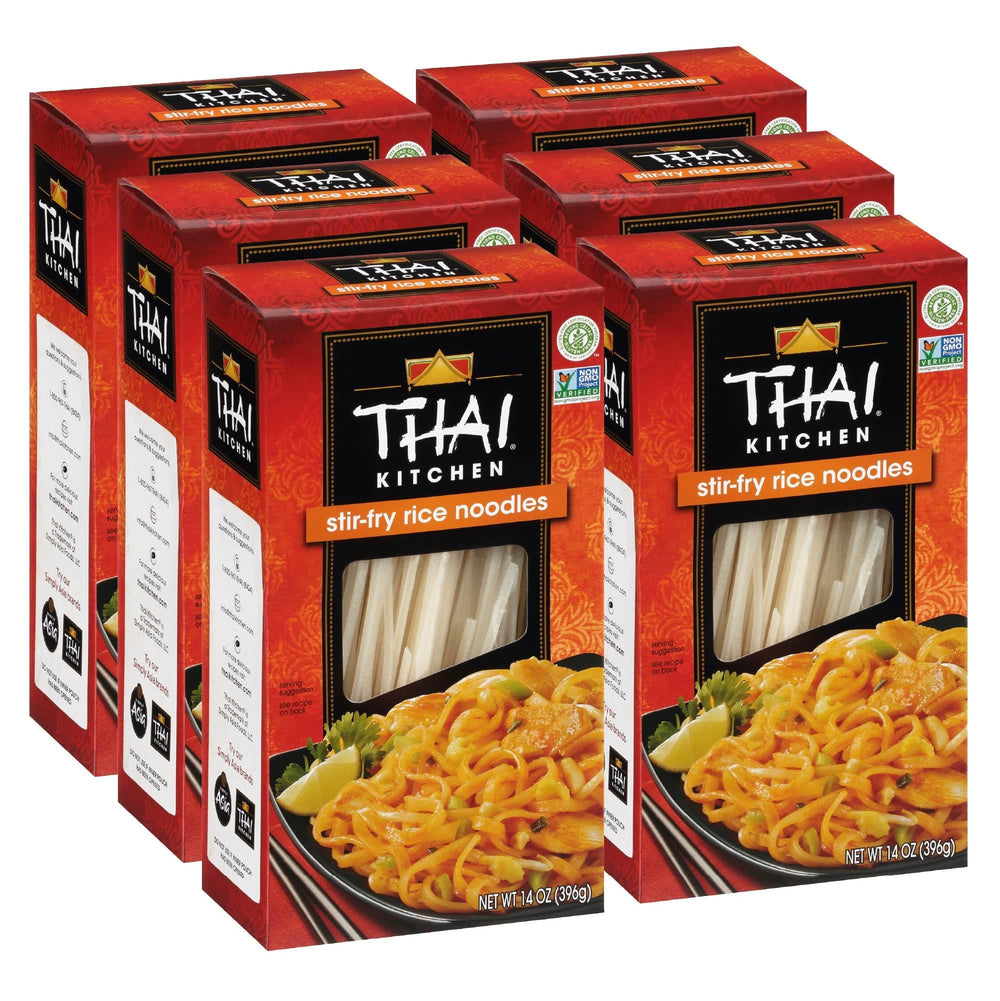 Thai Kitchen paquete frontal mostrando fideos sin gluten y beneficios