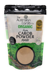 The Australian Carob Co. frente de paquete mostrando el logotipo y beneficio orgánico