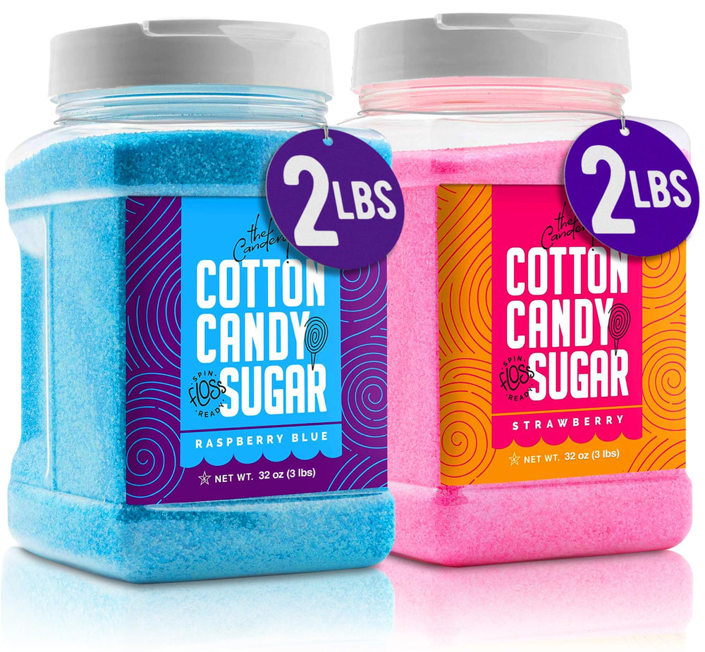 The Candery frascos frontales mostrando Raspberry Blue y Strawberry para fiestas