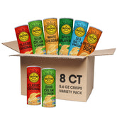 The Good Crisp Company paquete frontal mostrando las ocho latas y variedad de sabores, conveniencia familiar