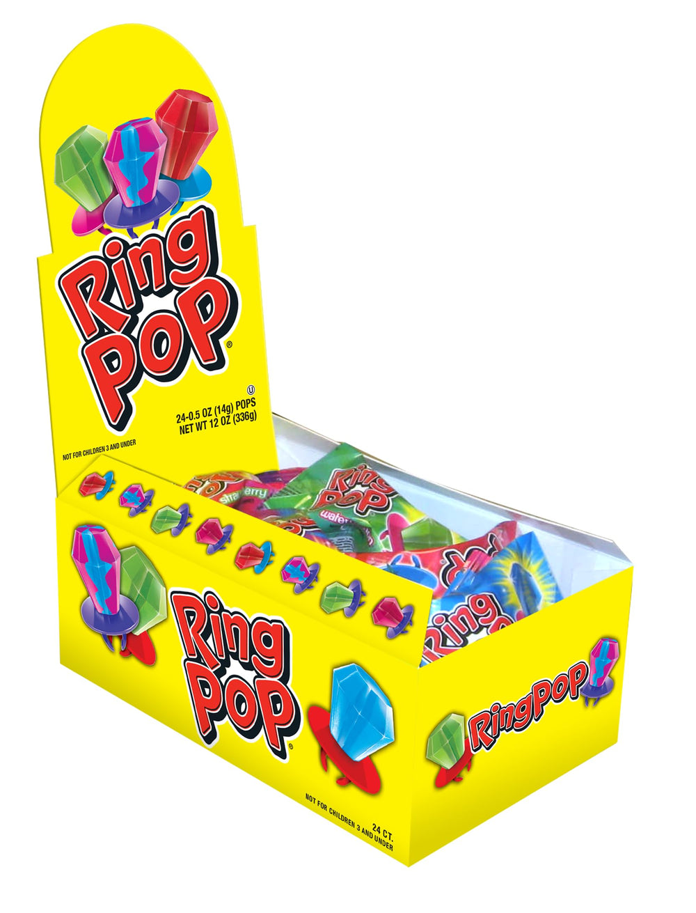 THE HAMPTON CANDY COMPANY paquete frontal mostrando 24 piruletas anillo, ideal para fiestas